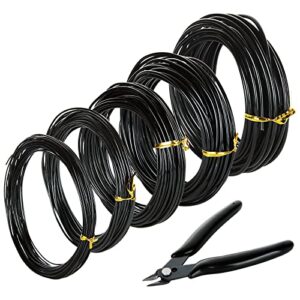 certbuy 5 roll bonsai wire 5 size - 1.0mm, 1.5mm, 2.0mm, 2.5mm, 3.0mm black anodized aluminum bonsai training wire 32 feet length with wire cutter