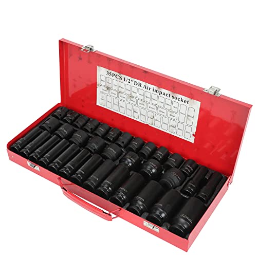 TYFYB 35pcs 1/2 Inch Drive Deep Impact Socket Tool Set Metric Garage Workshop Tools,Heavy Duty Impact Socket Set with Portable Case, Red