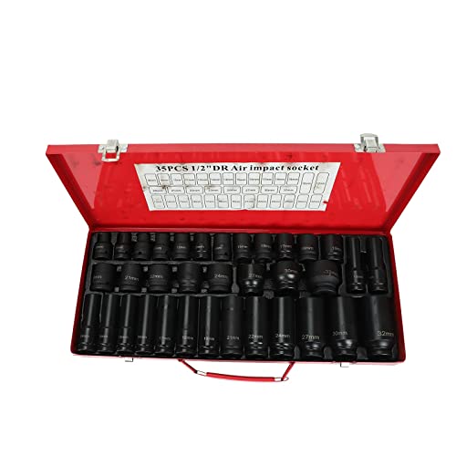 TYFYB 35pcs 1/2 Inch Drive Deep Impact Socket Tool Set Metric Garage Workshop Tools,Heavy Duty Impact Socket Set with Portable Case, Red