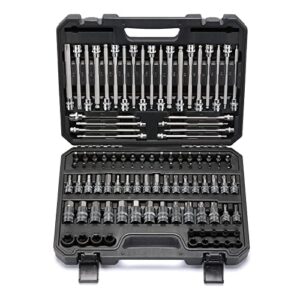 mayouko 107 pieces bit socket set, 1/4", 3/8" and 1/2" drive, torx/extra long torx/tamper proof torx/hex/ball end hex, sae/metric, s2 steel bits