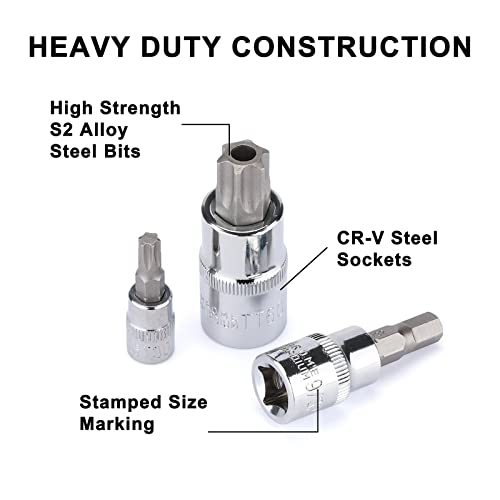 Mayouko 107 Pieces Bit Socket Set, 1/4", 3/8" and 1/2" Drive, Torx/Extra Long Torx/Tamper Proof Torx/Hex/Ball End Hex, SAE/Metric, S2 Steel Bits