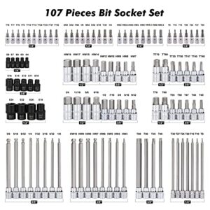 Mayouko 107 Pieces Bit Socket Set, 1/4", 3/8" and 1/2" Drive, Torx/Extra Long Torx/Tamper Proof Torx/Hex/Ball End Hex, SAE/Metric, S2 Steel Bits