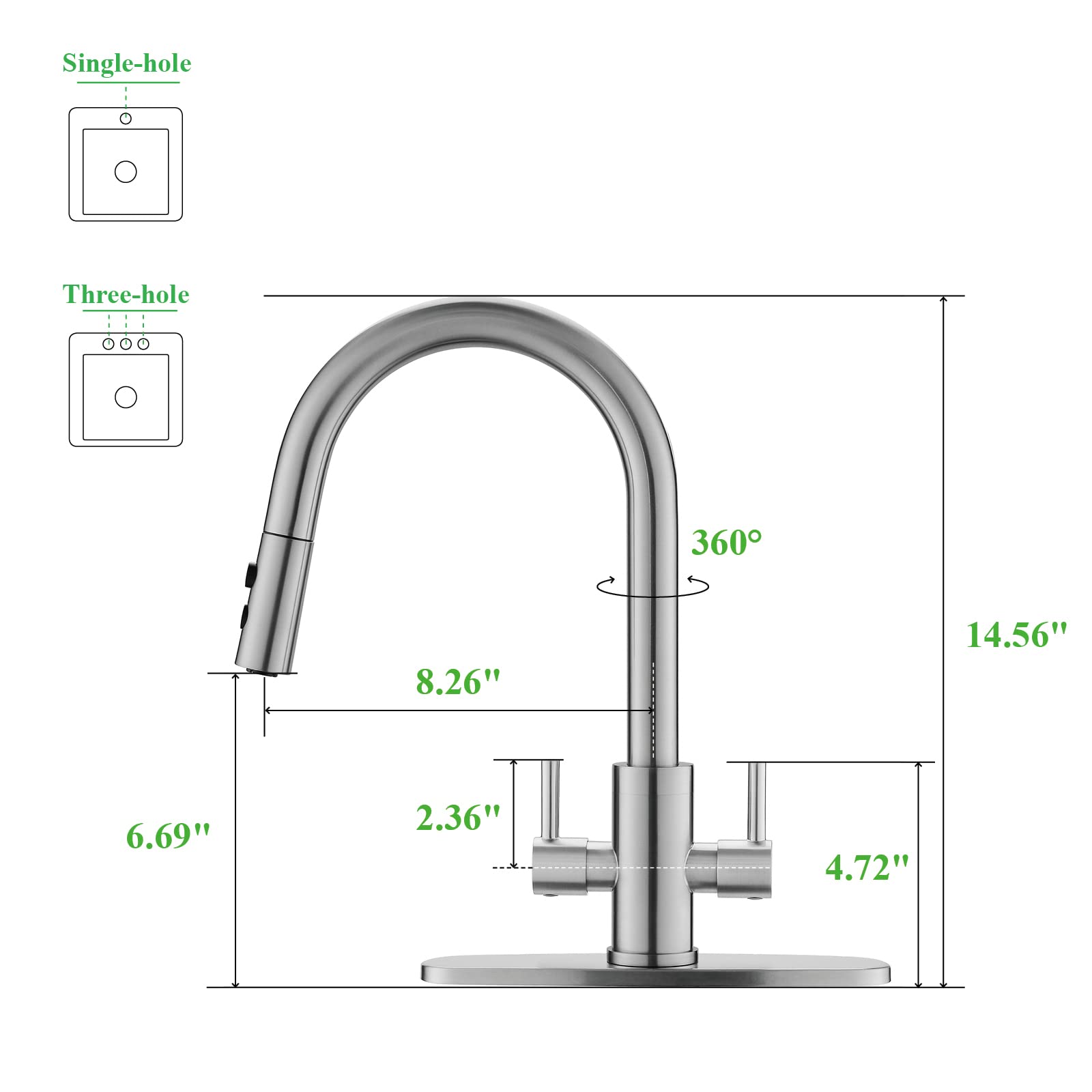 Kitchen Faucet, Kitchen Sink Faucet, 2 Handles Sink Faucet, Faucet, Kitchen Faucet Pull Down, Faucet with Sprayer, Bar Faucet, Stainless Steel, Brushed Nickel, PAKING