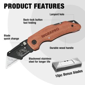 WORKPRO Folding Utility Knife with Stainless Steel Head, Quick-change Blade & Back Lock, Wood Handle Heavy Duty Box Cutter, 1PC Razor Knife with Extra 10PC SK5 Blades