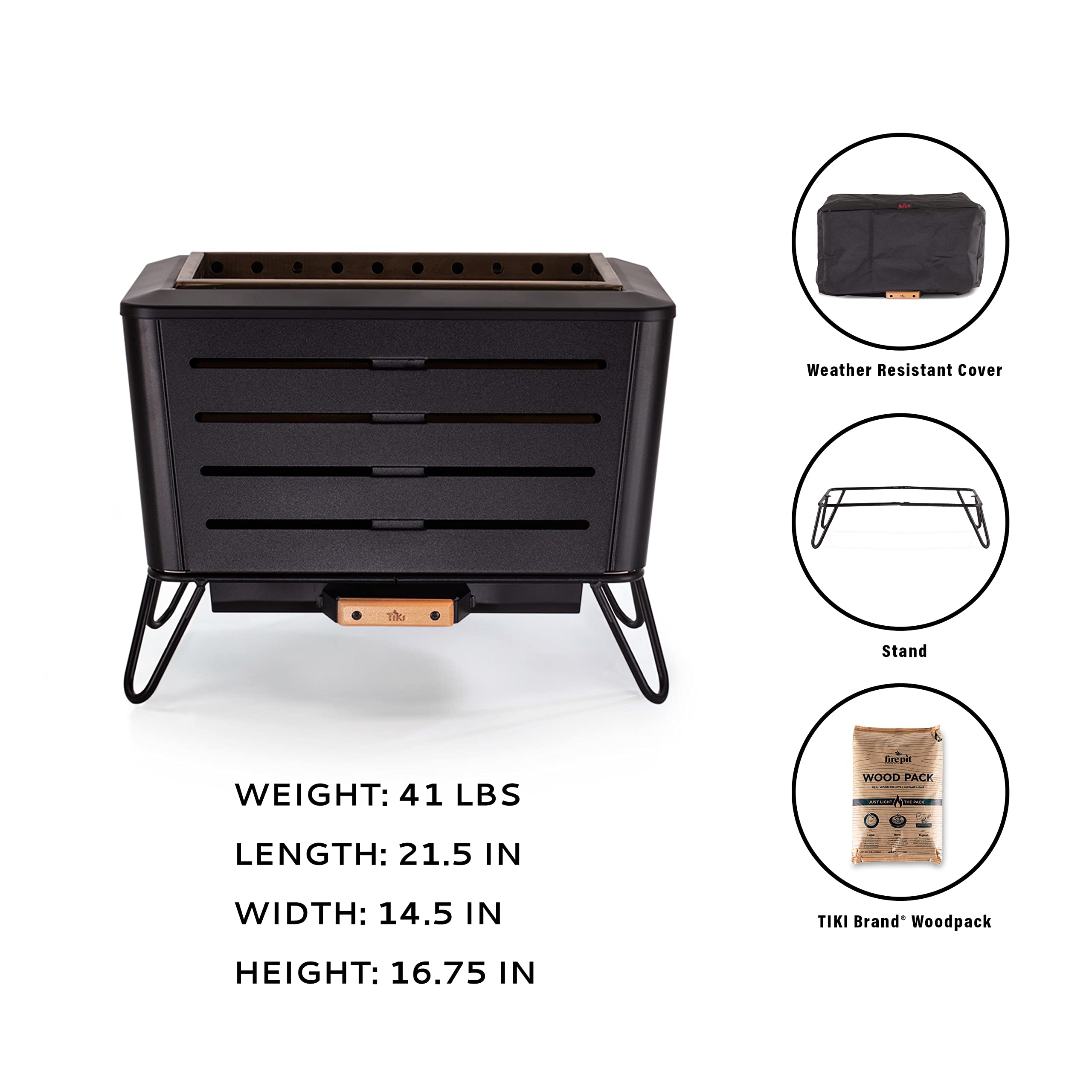 TIKI Brand Retreat Smokeless Fire Pit Rectangular Wood Burning Outdoor, Durable Stainless Steel, Great for Small Spaces, Camping, Tailgating, Pack, Modern, Removable Ash Pan, 14.5x21.5x16.7 Black