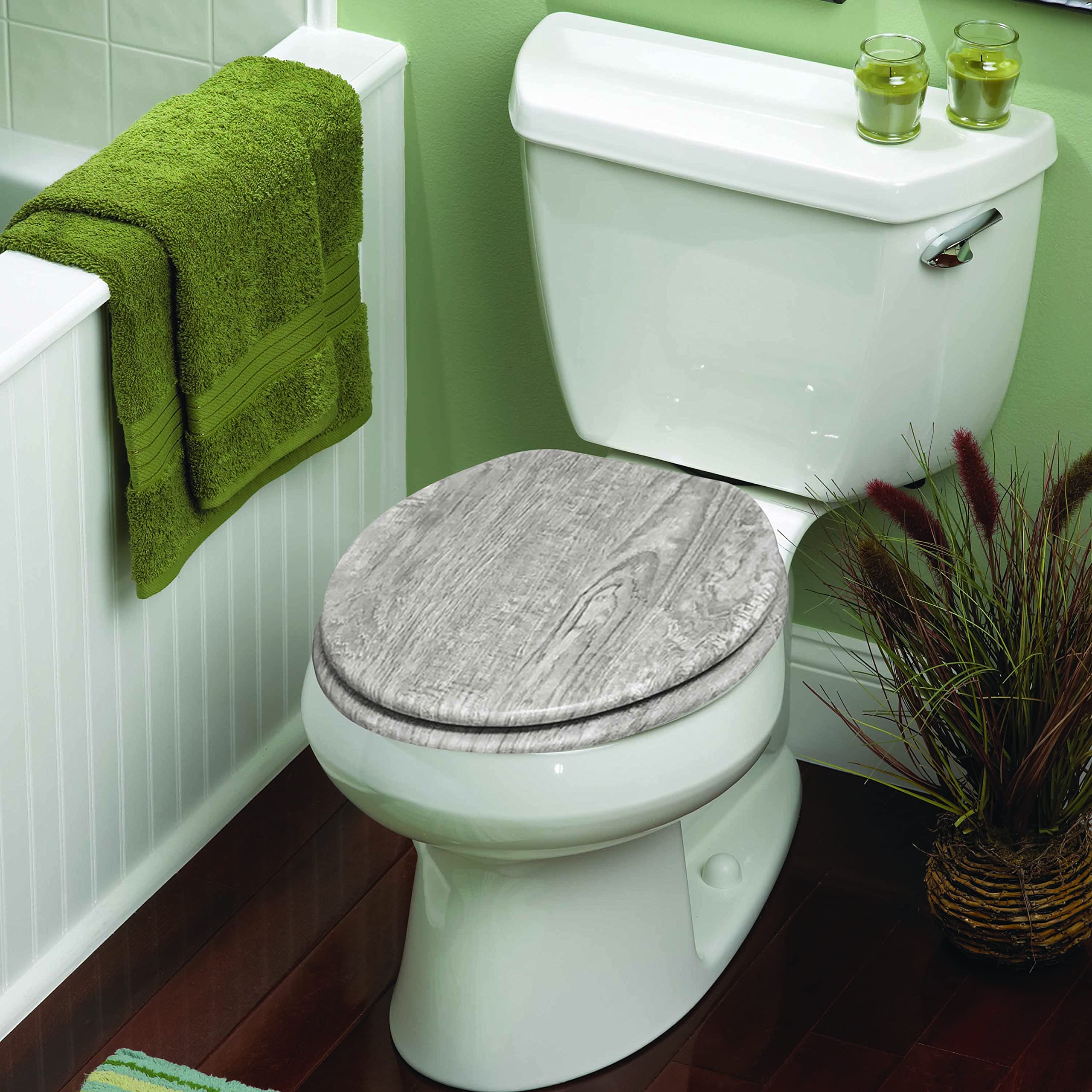 Home+Solutions Distressed Grey Wood Elongated Vaneer Toilet Seat