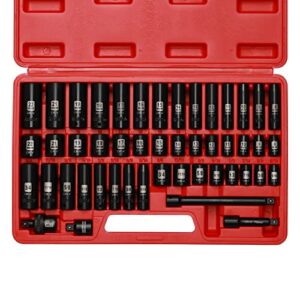 Mayouko 48 Pieces 3/8" Drive Impact Socket Set, SAE/Metric, 6 Point, CR-V, Includes Extension Bar, Adapter, Universal Joint