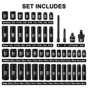 Mayouko 48 Pieces 3/8" Drive Impact Socket Set, SAE/Metric, 6 Point, CR-V, Includes Extension Bar, Adapter, Universal Joint
