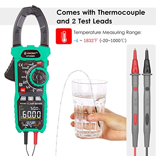 AC/DC Digital Clamp Meter Multimeter 6000 Counts Voltage Tester, Auto-ranging, Measures Current Voltage Temperature Capacitance Resistance Diodes Continuity Duty-Cycle