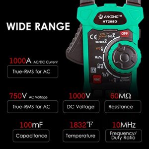 AC/DC Digital Clamp Meter Multimeter 6000 Counts Voltage Tester, Auto-ranging, Measures Current Voltage Temperature Capacitance Resistance Diodes Continuity Duty-Cycle