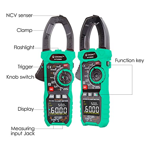 AC/DC Digital Clamp Meter Multimeter 6000 Counts Voltage Tester, Auto-ranging, Measures Current Voltage Temperature Capacitance Resistance Diodes Continuity Duty-Cycle