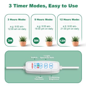 eWonLife Grow Lights for Indoor Plants Full Spectrum, Small Plant Lights Lamp, Height Adjustable Grow Light Strip, Automatic Timer, 3 Spectrum Modes with White, Blue, Red, for House Plants