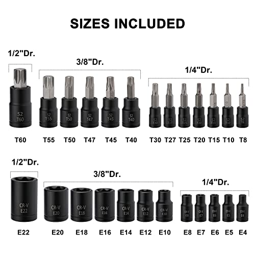 Mayouko 25PCS 1/4",3/8",1/2" Drive Torx Bit and External Socket Set,12 Female E-Torx Sockets and 13 Star Socket Bits