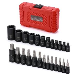 Mayouko 25PCS 1/4",3/8",1/2" Drive Torx Bit and External Socket Set,12 Female E-Torx Sockets and 13 Star Socket Bits