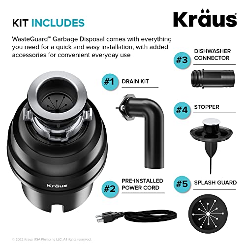 Kraus KWD100-100MBL WasteGuard 1 HP Continuous Feed Garbage Disposal with Ultra-Quiet Motor for Kitchen Sinks with Power Cord and Flange Included, 16 1/2 inch, Black