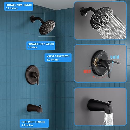 CATTSHO Black Shower Faucet Set with 5-Settings Black Shower Head and Handle Set, Single-Handle Tub Shower Trim Kit, Tub Spout and Valve Included, Matte Black