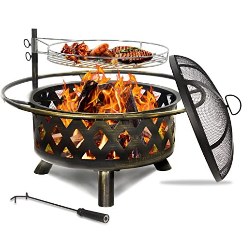 UDPATIO Fire Pit with Grill for Outside 30 Inch Outdoor Wood Burning Firepit Large Steel Firepit with Cooking Swivel BBQ Grill for Backyard Bonfire Patio