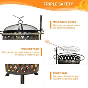 UDPATIO Fire Pit with Grill for Outside 30 Inch Outdoor Wood Burning Firepit Large Steel Firepit with Cooking Swivel BBQ Grill for Backyard Bonfire Patio