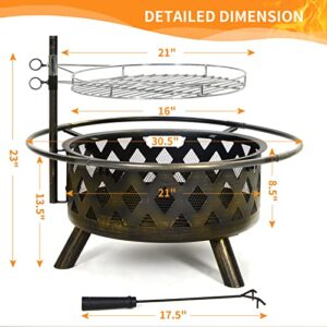 UDPATIO Fire Pit with Grill for Outside 30 Inch Outdoor Wood Burning Firepit Large Steel Firepit with Cooking Swivel BBQ Grill for Backyard Bonfire Patio