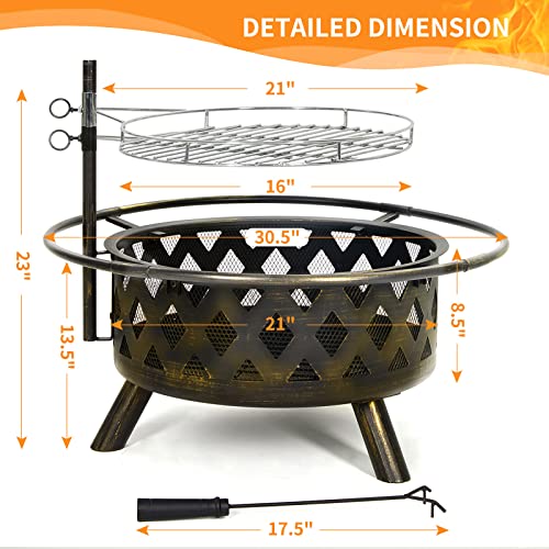 UDPATIO Fire Pit with Grill for Outside 30 Inch Outdoor Wood Burning Firepit Large Steel Firepit with Cooking Swivel BBQ Grill for Backyard Bonfire Patio