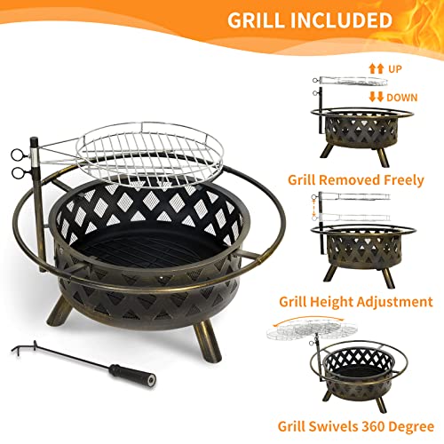 UDPATIO Fire Pit with Grill for Outside 30 Inch Outdoor Wood Burning Firepit Large Steel Firepit with Cooking Swivel BBQ Grill for Backyard Bonfire Patio