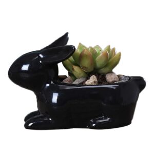 yongyan rabbit flower pot statue decoration ceramics garden planters containers pot bookshelf office animal desktop decor (black)