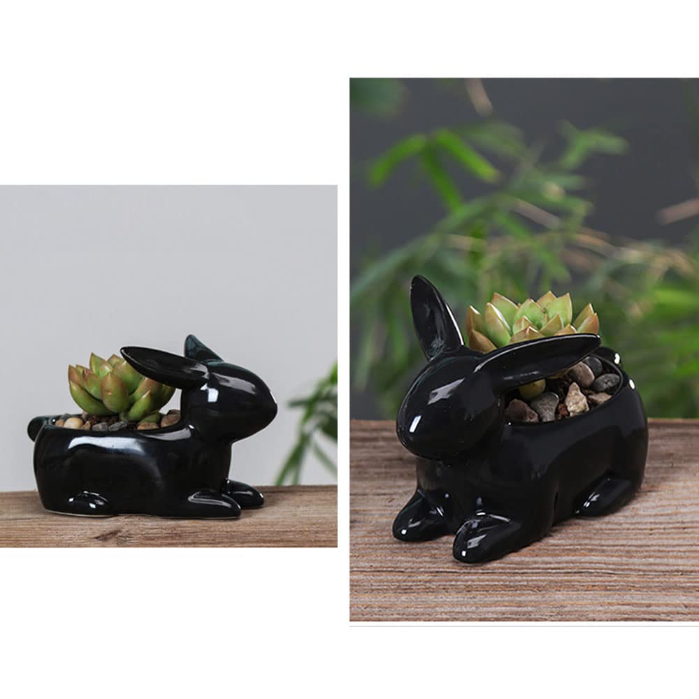 YONGYAN Rabbit Flower Pot Statue Decoration Ceramics Garden Planters Containers Pot Bookshelf Office Animal Desktop Decor (Black)