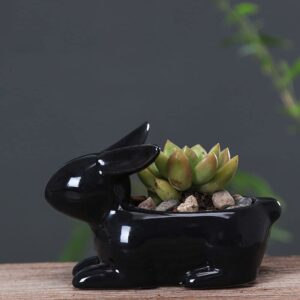 YONGYAN Rabbit Flower Pot Statue Decoration Ceramics Garden Planters Containers Pot Bookshelf Office Animal Desktop Decor (Black)