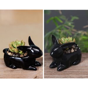 YONGYAN Rabbit Flower Pot Statue Decoration Ceramics Garden Planters Containers Pot Bookshelf Office Animal Desktop Decor (Black)