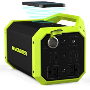 monster power grid portable power station with 296wh, charge up to 9 devices, rechargeable outdoor generator for camping- portable generator, backup power supply for indoor and outdoor activities