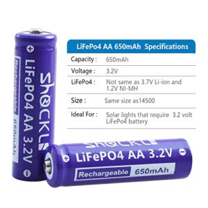 funkawa (8- Pack) Shockli AA 3.2 Volts LiFePo4 650mAh Rechargeable Battery, Lithium Iron Phosphate 3.2V Solar Batteries - Ideal for Solar Garden Light