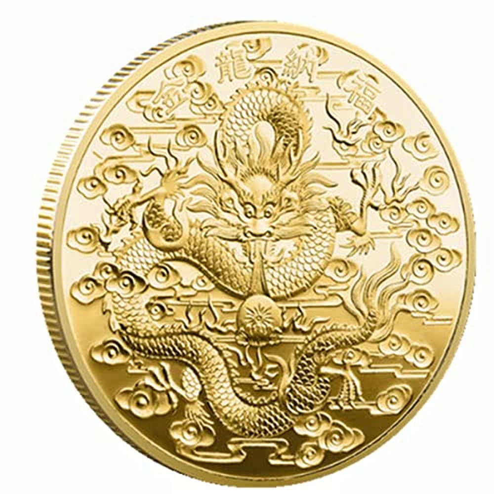 Chinese Traditional Dragon Phoenix Coin, Commemorative Badge Collection Coin for Couple (Gold)