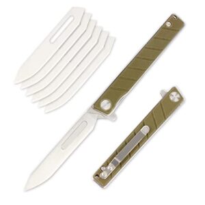 tenchilon t35 small slim folding pocket scalpel knife, 6pcs #60 replaceable blades, gentleman's flipper scalpel edc utility knives with pocket clip (army green g10 handle)