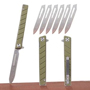 TENCHILON T35 Small Slim Folding Pocket Scalpel Knife, 6pcs #60 Replaceable Blades, Gentleman's Flipper Scalpel EDC Utility Knives with Pocket Clip (Army Green G10 Handle)