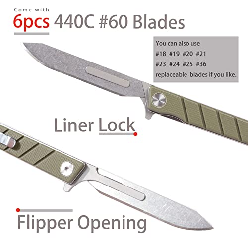 TENCHILON T35 Small Slim Folding Pocket Scalpel Knife, 6pcs #60 Replaceable Blades, Gentleman's Flipper Scalpel EDC Utility Knives with Pocket Clip (Army Green G10 Handle)