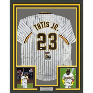 framed autographed/signed fernando tatis jr. 33x42 san diego pinstripe baseball jersey jsa coa