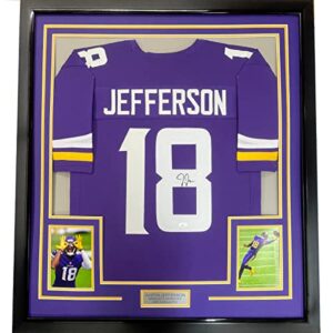 framed autographed/signed justin jefferson 33x42 minnesota purple football jersey jsa coa