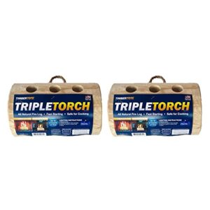 timbertote tripletorch one log campfire fireplace camping cooking camp fire wood log with 3 chimneys and fire start stick (2 pack)