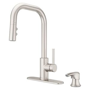 pfister zanna kitchen faucet with pull down sprayer and soap dispenser, single handle, high arc, spot defense stainless steel finish, f5297znrgs