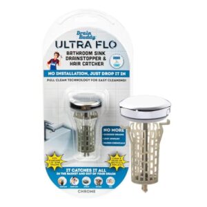 drain buddy ultra flo- 2 in 1 bathroom sink stopper & hair catcher w/patented pull clean technology! | fits 1.25” sink drains, clog preventing | chrome plastic cap