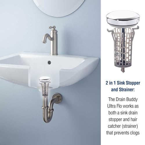 Drain Buddy Ultra Flo- 2 in 1 Bathroom Sink Stopper & Hair Catcher W/Patented Pull Clean Technology! | Fits 1.25” Sink Drains, Clog Preventing | Chrome Plastic Cap