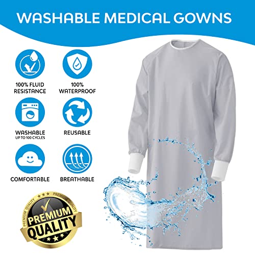 Nobles Reusable Isolation Gowns - Staff Protection for Hospital, Doctor's Office Gray Blockade Gowns - Latex-Free Fluid Resistant Isolation Gowns with Knitted Cuffs - 6-Pack