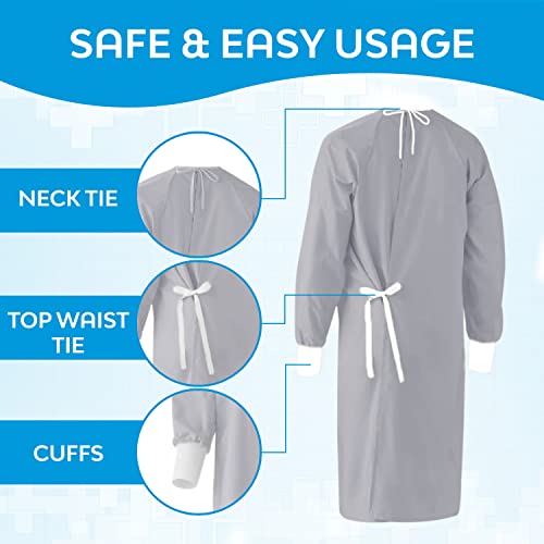 Nobles Reusable Isolation Gowns - Staff Protection for Hospital, Doctor's Office Gray Blockade Gowns - Latex-Free Fluid Resistant Isolation Gowns with Knitted Cuffs - 6-Pack