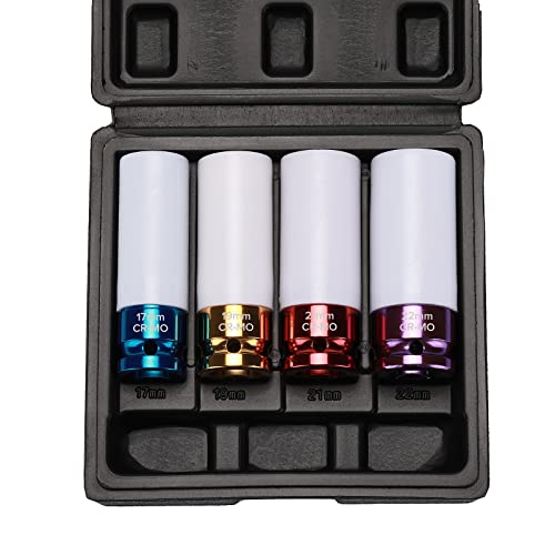 EMENTOL 4PCS 1/2" Drive Thin-Walled Impact Drive Lug Nut Socket Set, CR-MO, Metric, Protective Wheel Impact Socket Set-17mm, 19mm, 21mm, 22mm