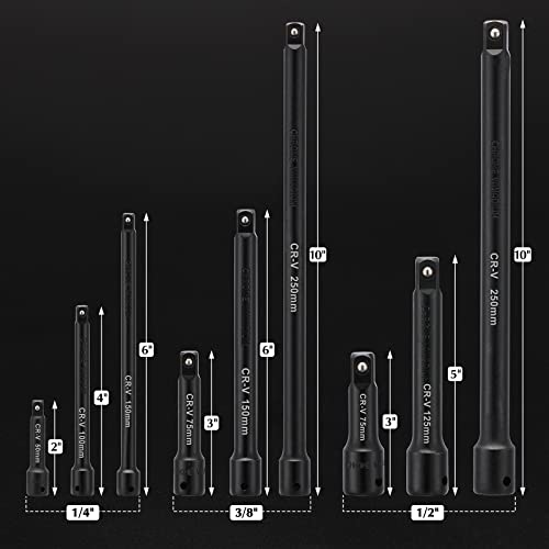 EMENTOL 9PCS Impact Extension Bar Set, 1/4", 3/8" and 1/2" Drive Socket Extension Set, CR-V Steel, Ext. bar