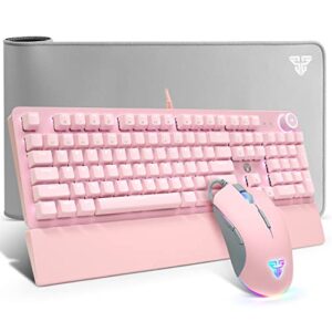 fantech p31se pink gaming keyboard and mouse and large mouse pad combo, wired rgb backlit mechanical keyboard with wrist rest and rgb gaming mouse and desk pad(31.5×12in) bundle, blue switch (clicky)