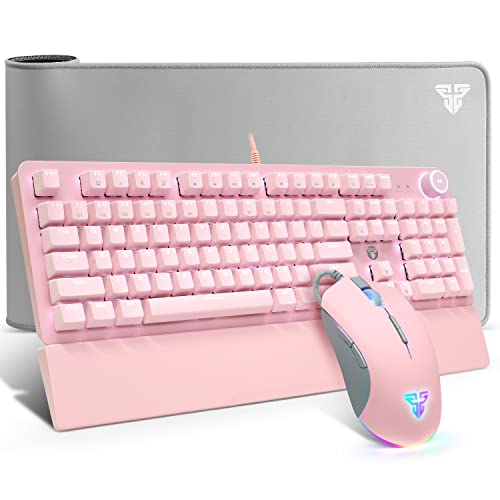 Fantech P31SE Pink Gaming Keyboard and Mouse and Large Mouse Pad Combo, Wired RGB Backlit Mechanical Keyboard with Wrist Rest and RGB Gaming Mouse and Desk Pad(31.5×12in) Bundle, Blue Switch (Clicky)