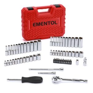 ementol 62pcs 1/4" drive master socket set with ratchets, cr-v, sae/metric socket set, ratchet handle, coupler, spinner handle, impact extension bars, bits set, universal joint