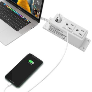 Power Strip with USB, BTU Wall Mount Power Outlet with 2 AC Outlets, 2 USB Ports, 6.56ft Extension Cord, Mountable Under Desk, Workbench, Nightstand, Dresser, Table