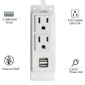 Power Strip with USB, BTU Wall Mount Power Outlet with 2 AC Outlets, 2 USB Ports, 6.56ft Extension Cord, Mountable Under Desk, Workbench, Nightstand, Dresser, Table